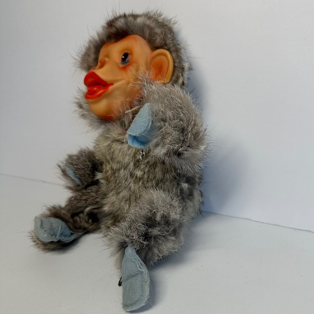 Vintage Monkey Plush Toy Small Gray Real Fur Rubber Face MCM Kitsch Collectible - Picture 4 of 8